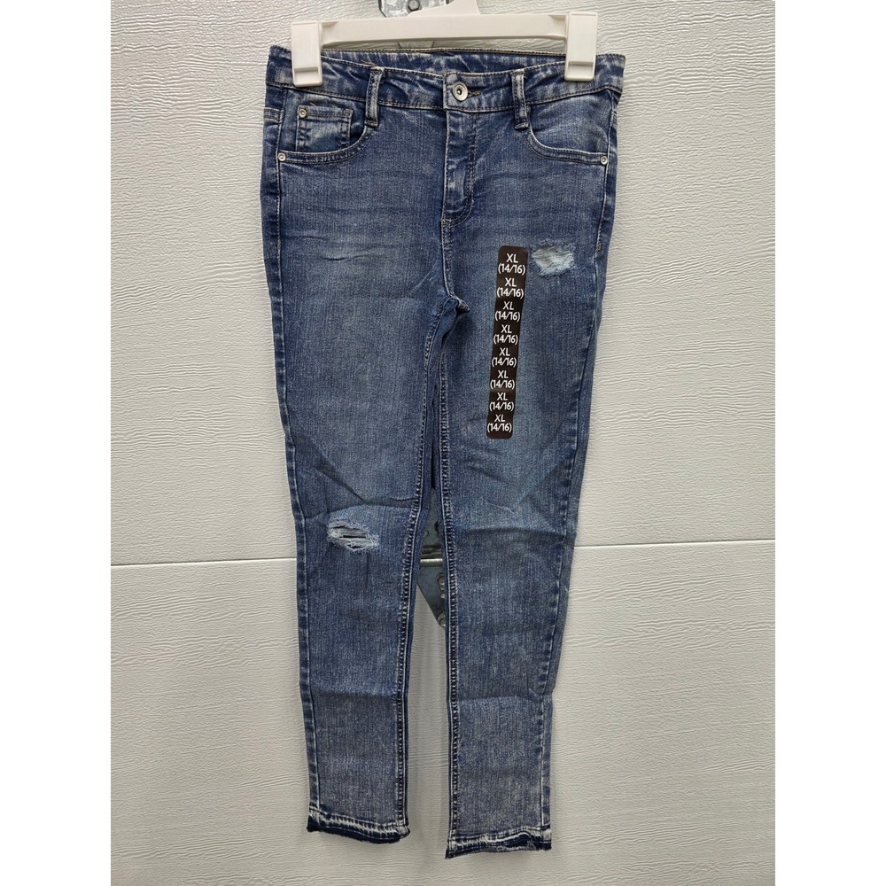 Members Mark Girls Skinny Jeans XL 14/16 Medium Wash Distressed Raw Hem Denim